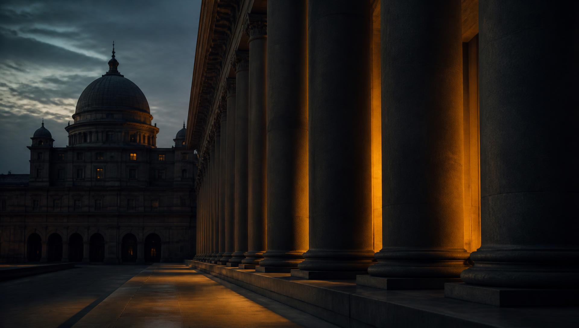 Court building colonnade at dusk